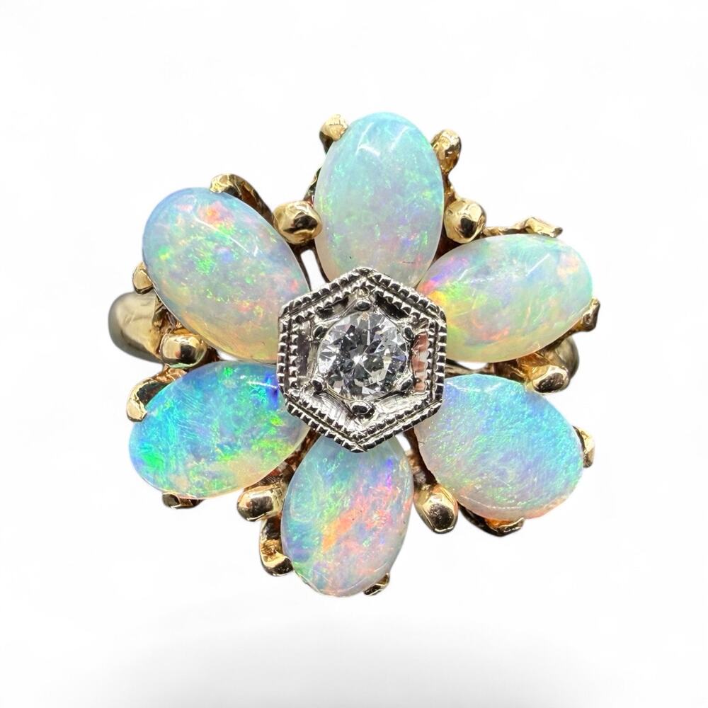 Antique Opal Diamond Ring Band 14k Yellow Gold Size 3.5 October Birthstone